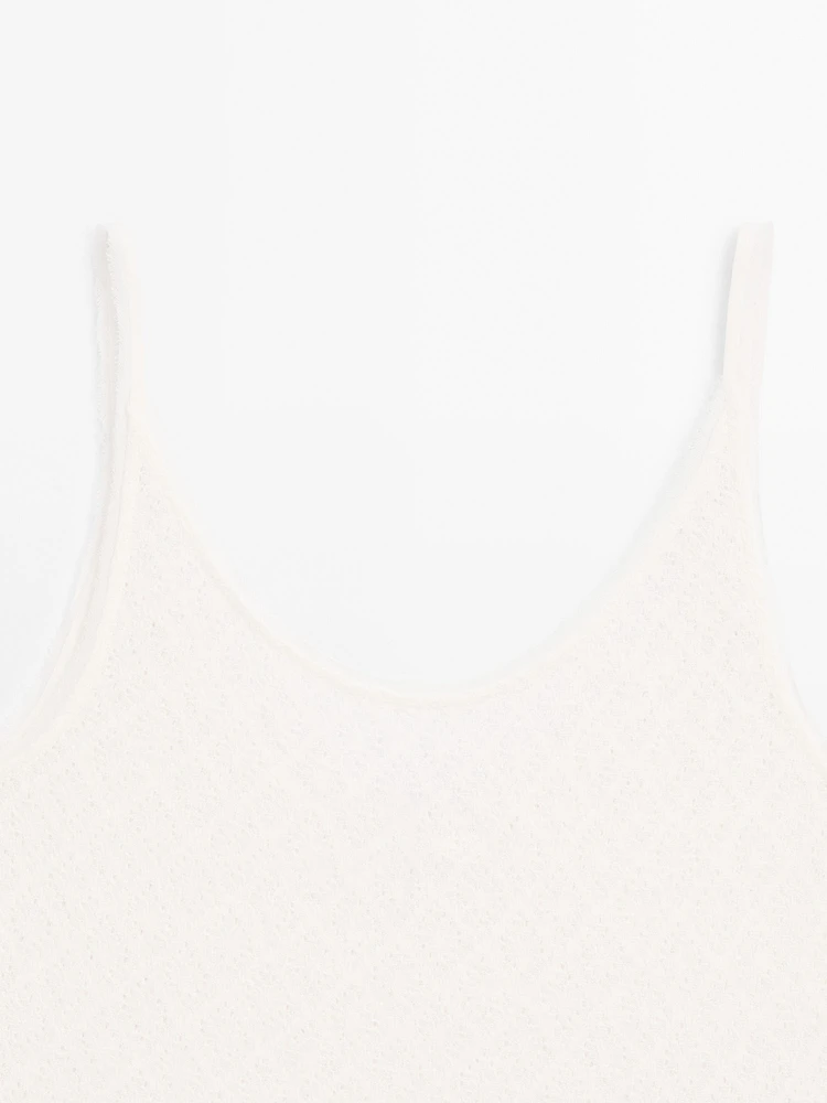 Openwork strappy linen blend top