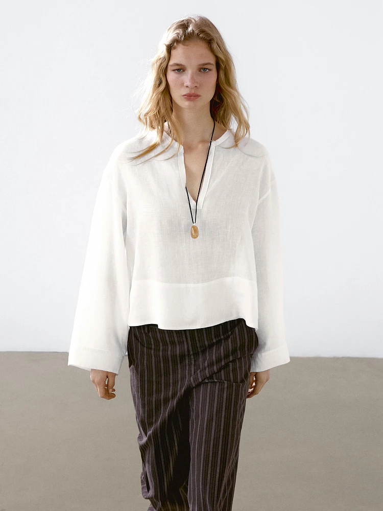 100% linen open stand collar shirt