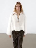 100% linen open stand collar shirt
