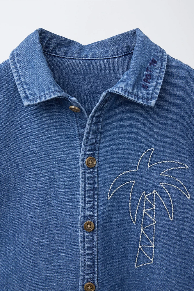 EMBROIDERED PALM TREE DENIM SHIRT