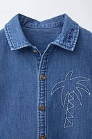 EMBROIDERED PALM TREE DENIM SHIRT
