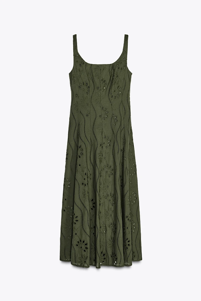 EMBROIDERED EYELET MIDI DRESS