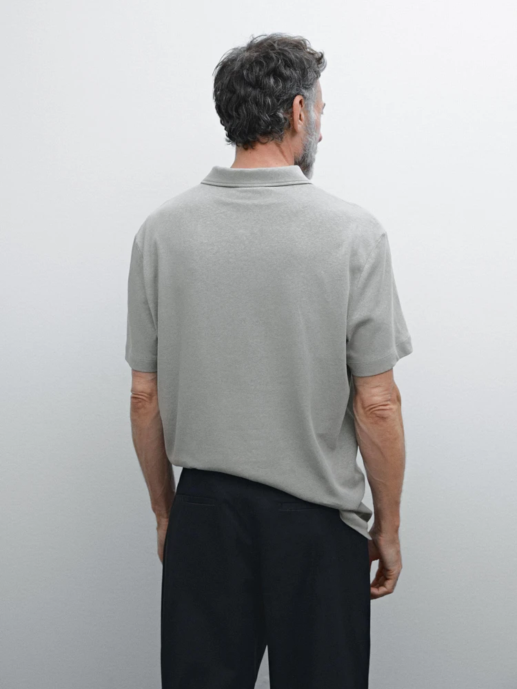 Linen blend short sleeve polo shirt