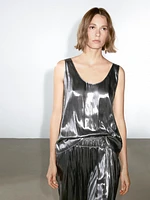 Flowing metallic trousers with gathered detail