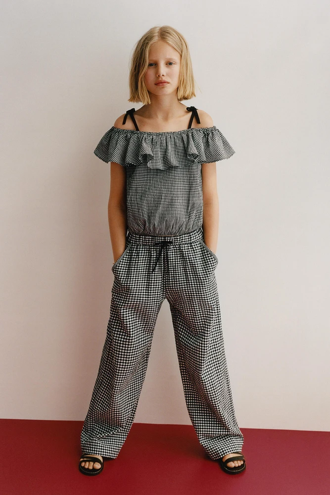 GINGHAM PRINT WIDE LEG PANTS