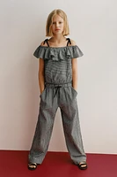 GINGHAM PRINT WIDE LEG PANTS