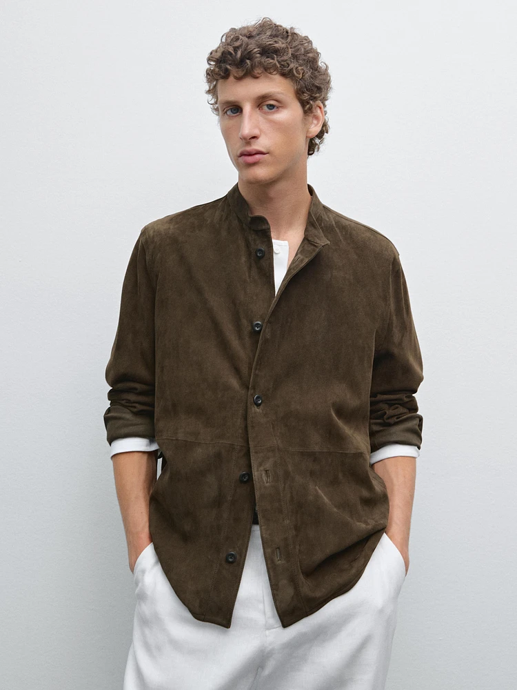 Chemise à col mao en cuir finition daim