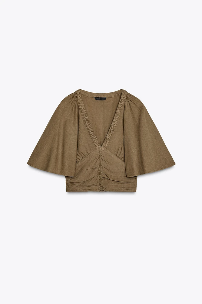 LINEN BLEND BLOUSE WITH RUFFLE SLEEVES