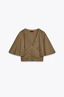 LINEN BLEND BLOUSE WITH RUFFLE SLEEVES