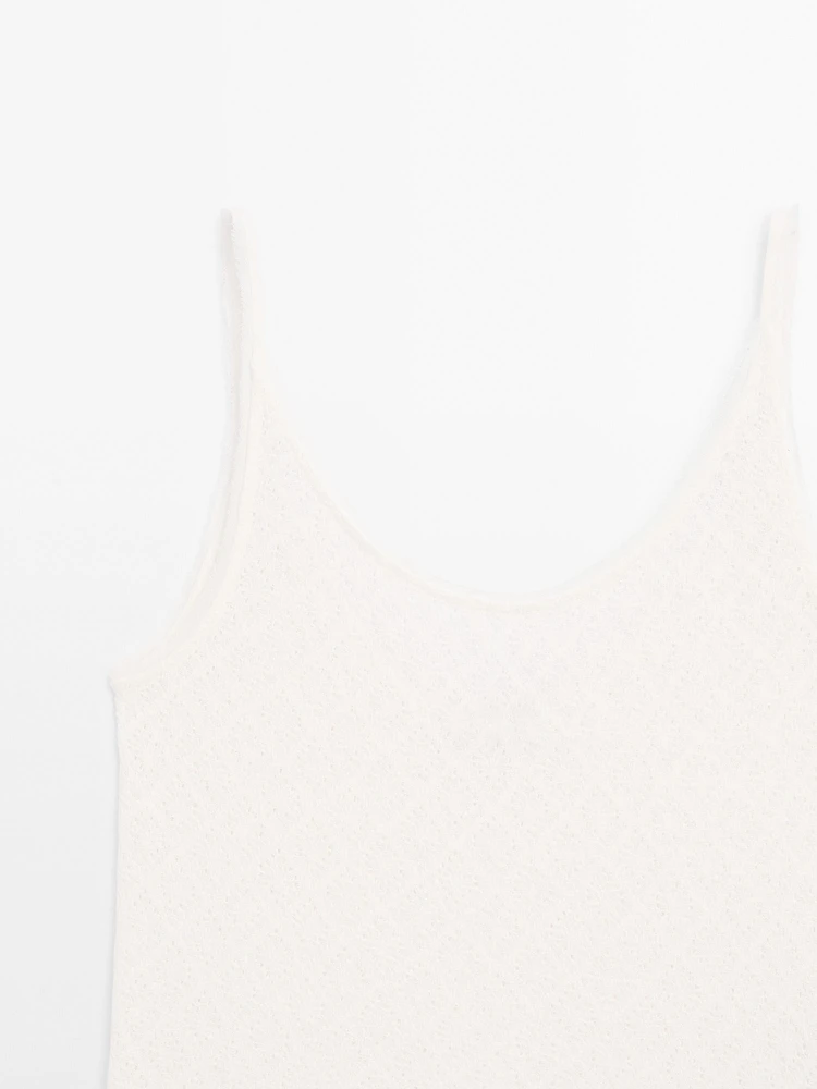 Openwork strappy linen blend top