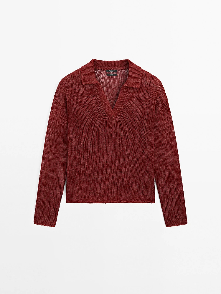 Pull en maille 100 % lin à col polo