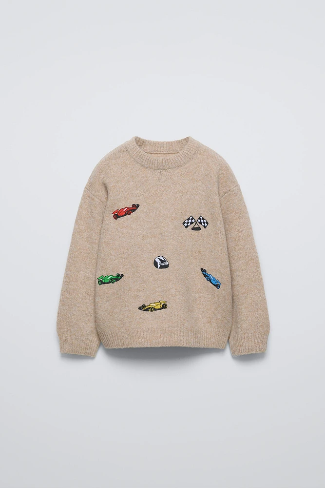 EMBROIDERED CARS KNIT SWEATER