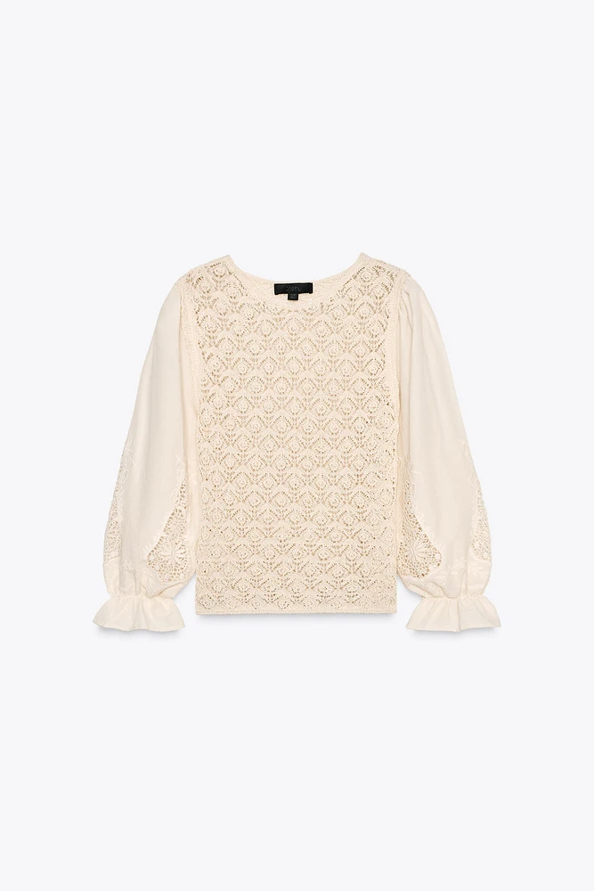 TOP EN MAILLE POINTELLE MANCHES MATIÈRES VARIÉES
