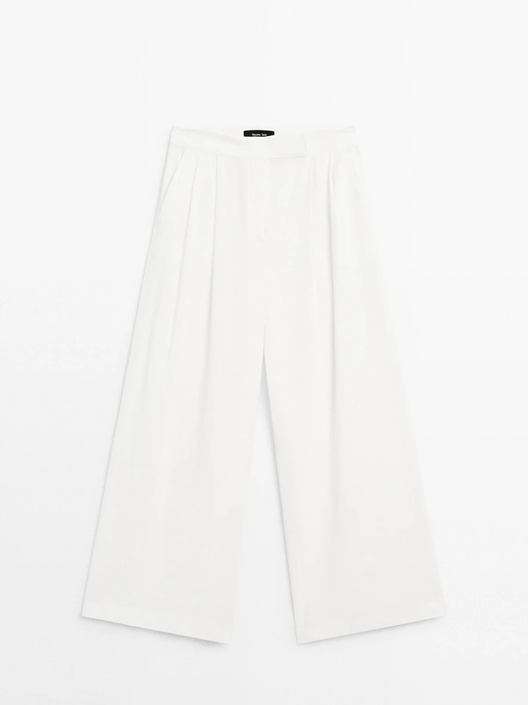 Linen blend darted palazzo trousers