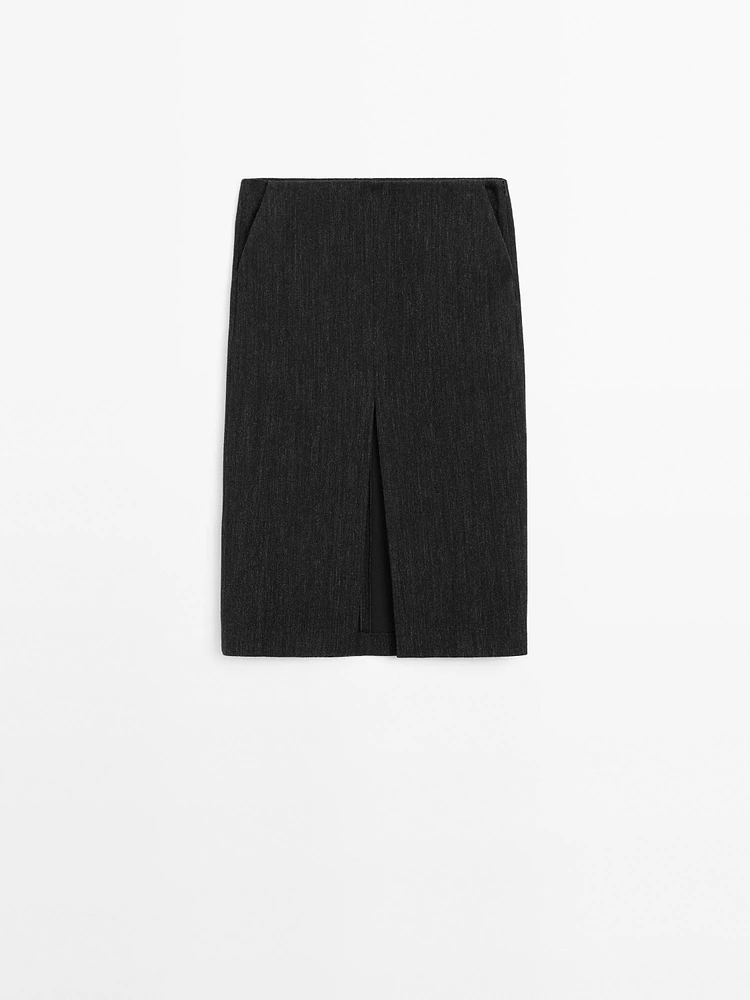 Herringbone midi skirt with slit