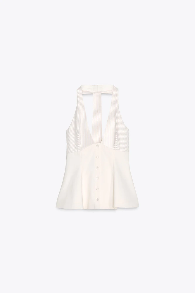 TOP HALTER EN MATIÈRES VARIÉES RAYURES