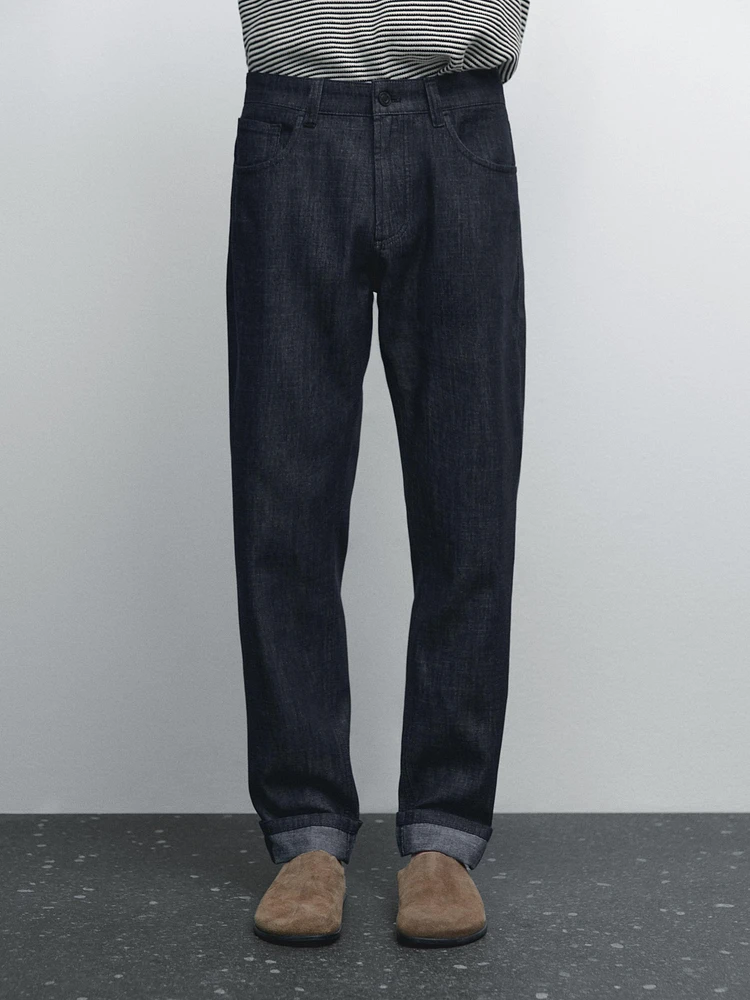 Cotton blend tapered fit jeans