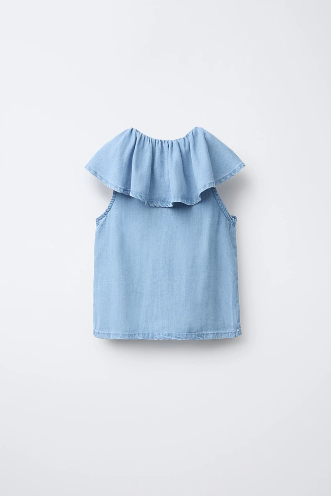 FLOWY RUFFLED DENIM BLOUSE