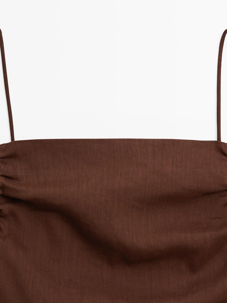Robe midi froncée en lin mélangé