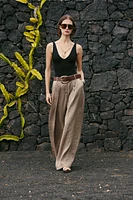 BELTED SATIN WIDE LEG PANTS