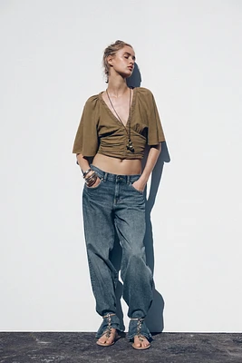 LINEN BLEND BLOUSE WITH RUFFLE SLEEVES