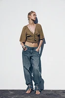 LINEN BLEND BLOUSE WITH RUFFLE SLEEVES
