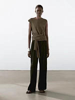Melange linen blend top with tie detail