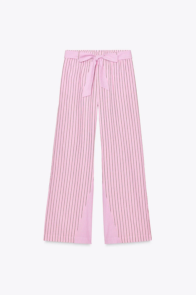 STRIPED POPLIN BELTED PANTS