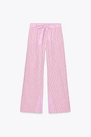 STRIPED POPLIN BELTED PANTS