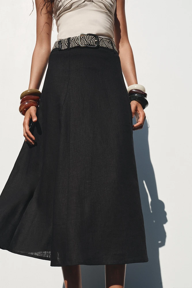 JUPE MIDI AVEC CEINTURE EN LIN
