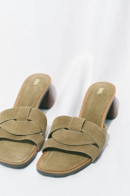 STRAPPY SPLIT LEATHER HEELED SANDALS