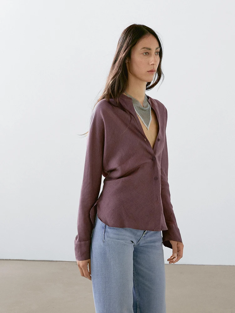 Flowing linen shirt with stand collar