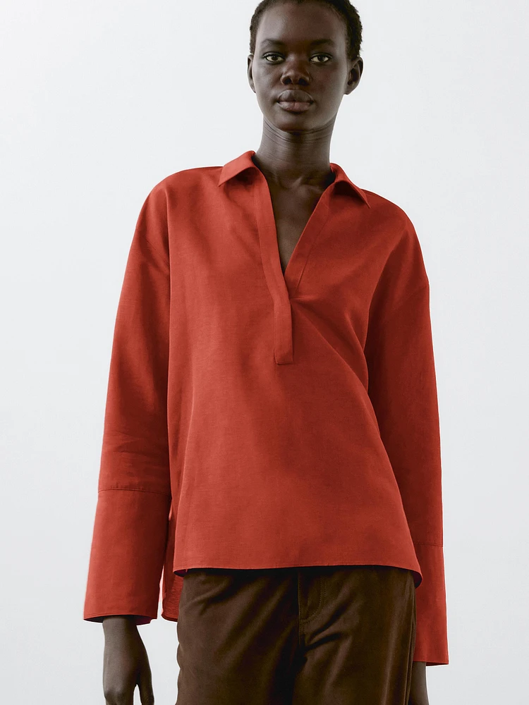 Blouse à col polo lin mélang
