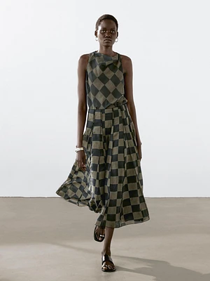 Flowing check midi skirt
