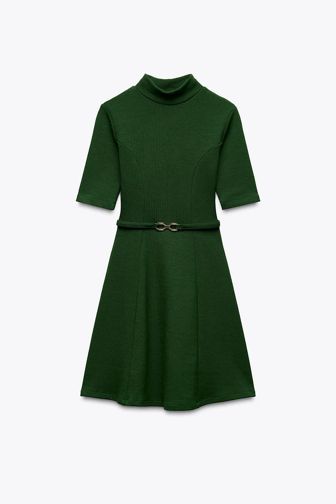 STRETCH KNIT SKATER DRESS WITH BELT
