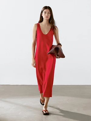 Robe midi col rond 100 % lin