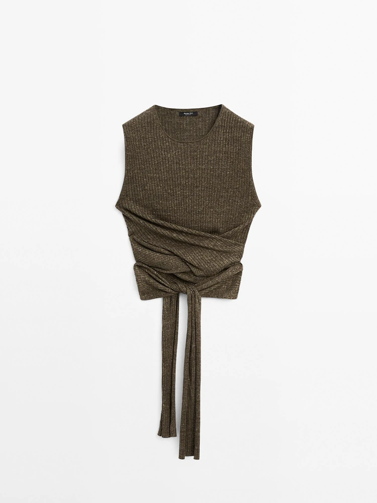 Melange linen blend top with tie detail