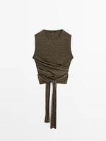 Melange linen blend top with tie detail