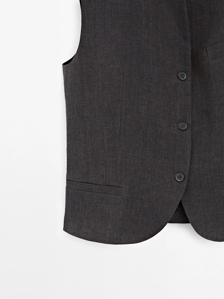 Veste sans manches col roulé 100 % lin