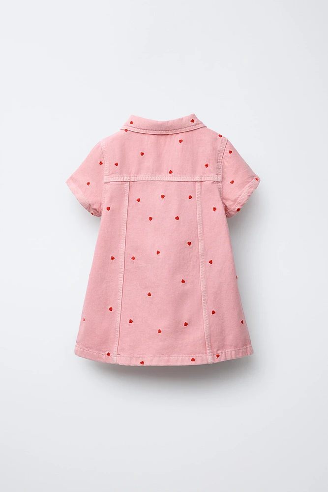 EMBROIDERED HEART SKATER TWILL DRESS