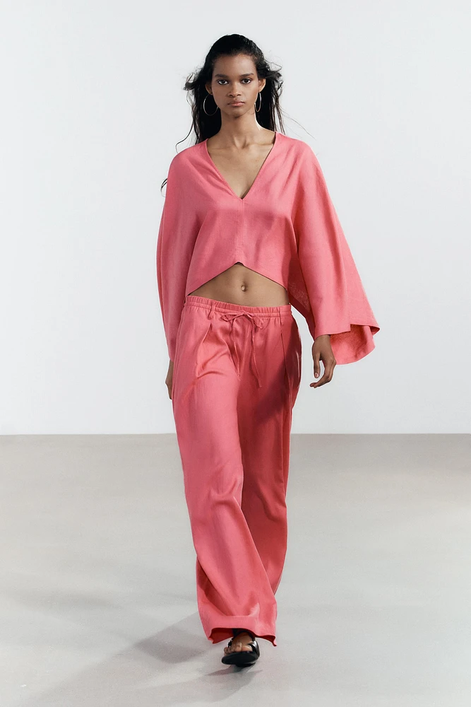 ASYMMETRIC LINEN BLEND CAPE KIMONO