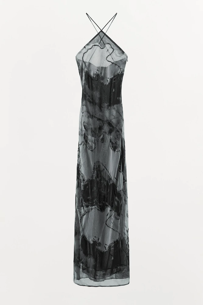 BEADED TIE-DYE HALTER DRESS