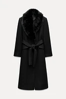 FAUX FUR WOOL BLEND LAPEL COLLAR COAT