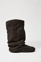 SPLIT LEATHER EMBROIDERED FLAT ANKLE BOOTS