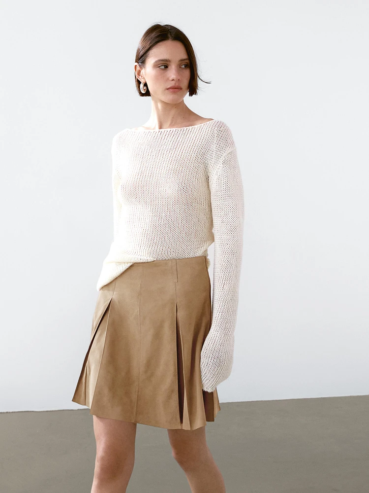 Pleated suede leather skirt