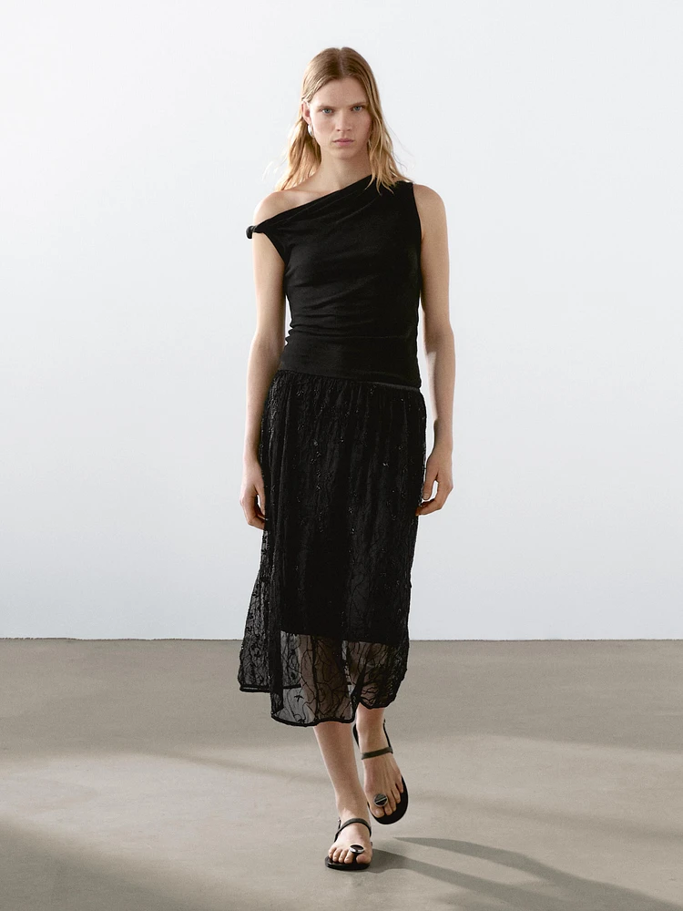 Draped cotton top with knot detail
