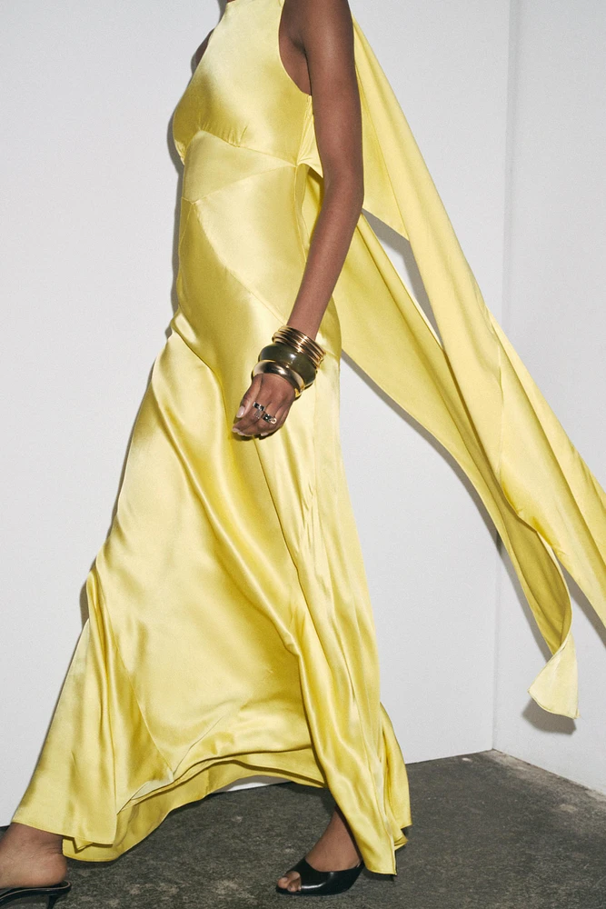 SATIN EFFECT SCARF BACK DRESS