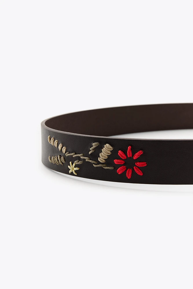 LEATHER BELT WITH FLORAL EMBROIDERY