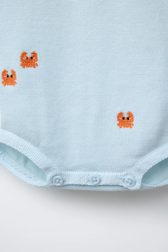 CRAB AND FISH EMBROIDERY KNIT ROMPER