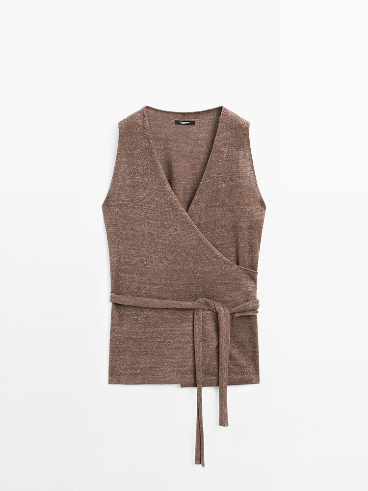 Linen blend knit crossover top